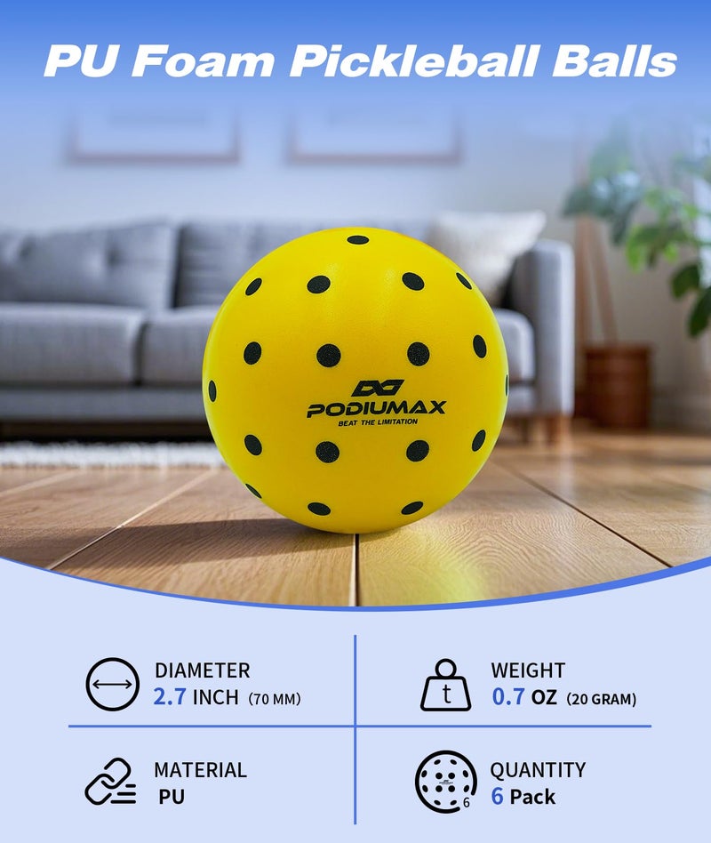 PodiuMax Indoor Pickleball Balls, 6 PCS Quiet Pickleballs, Foam Pickleball for Indoor & Outdoor Practice, Noise Reducing Soft Pickle Balls for All Ground Surfaces - Image 5